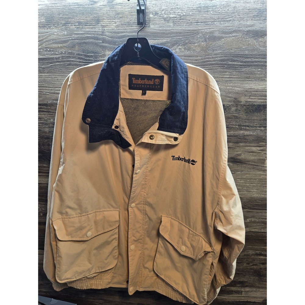 Vintage Timberland Weathergear Mens Large Tan Beige‎ Bomber Jacket Navy Collar